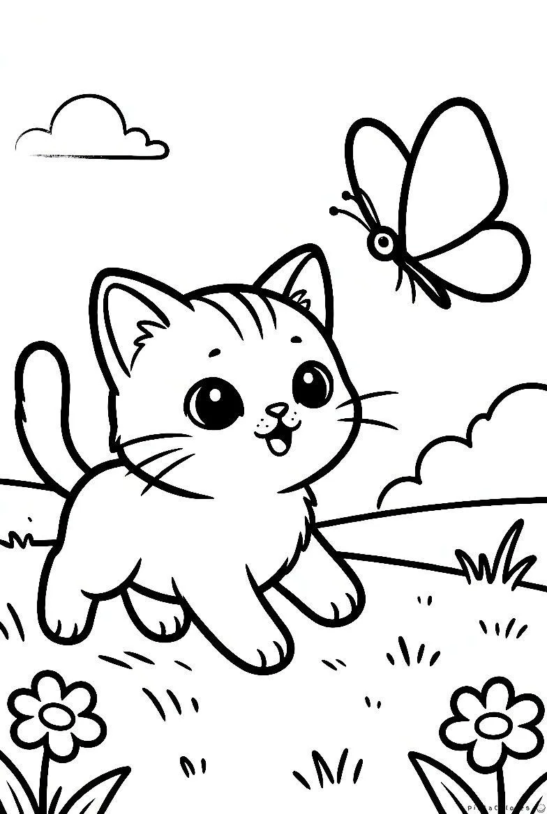 Gato jugando con mariposa dibujo para colorear