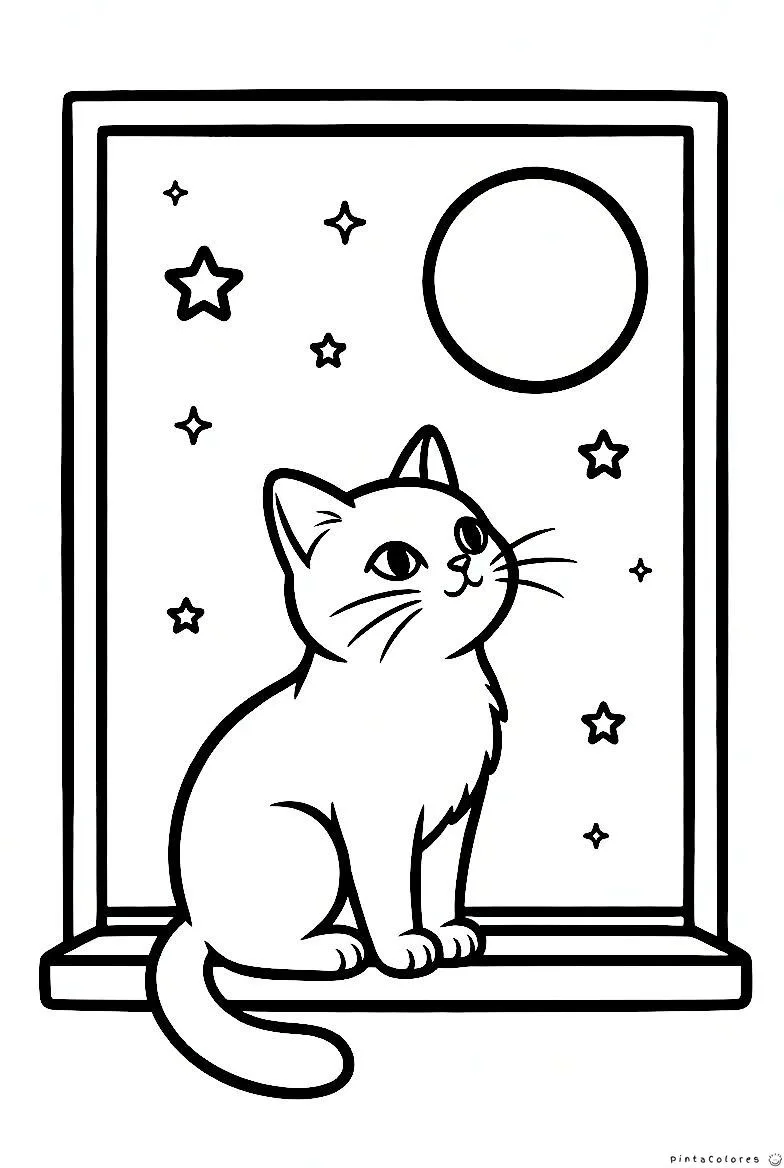 Gato observando estrellas dibujo para colorear