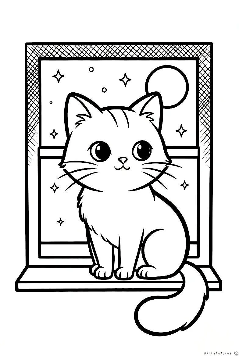 Gato mirando por la ventana dibujo para colorear