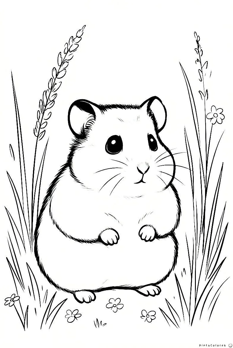 Hámster en el césped dibujo para colorear