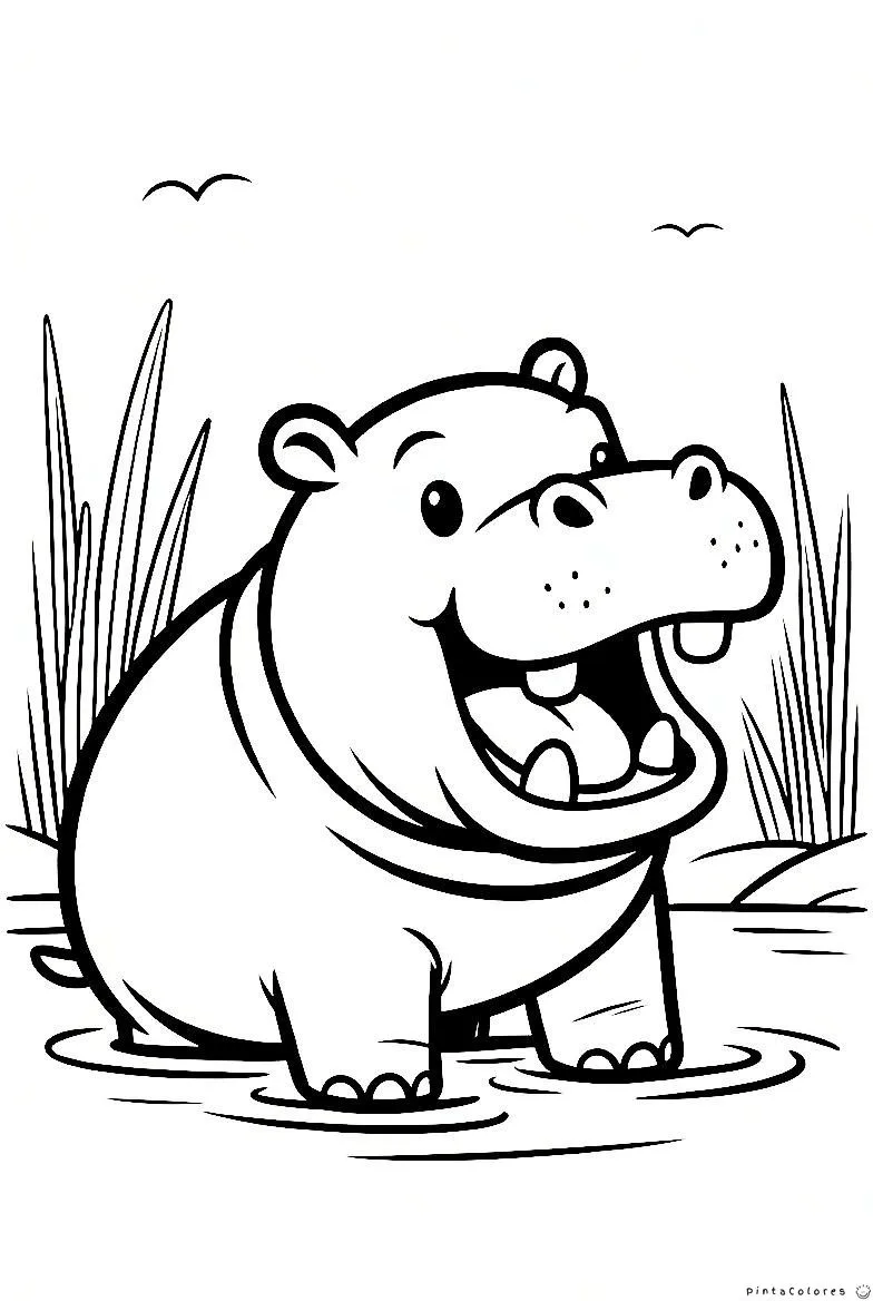 Hipopótamo bebé en el río dibujo para colorear