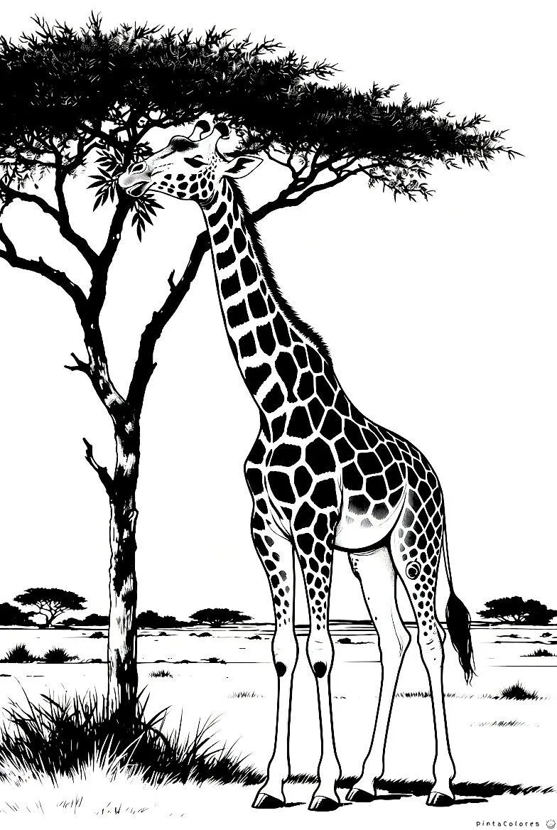Jirafa comiendo de un árbol dibujo para colorear
