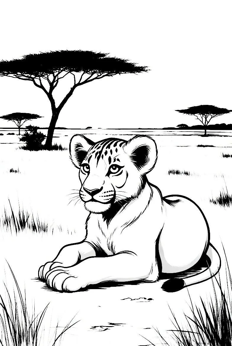 León bebé acostado en la sabana dibujo para colorear