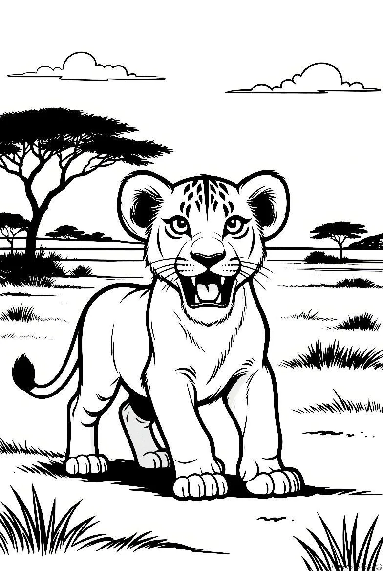 Cachorro de león jugando en la sabana dibujo para colorear