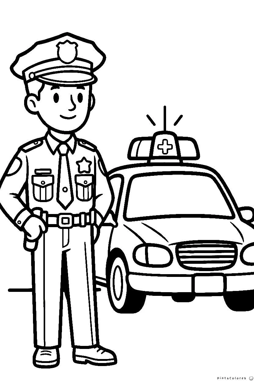 Policía junto a un auto patrulla