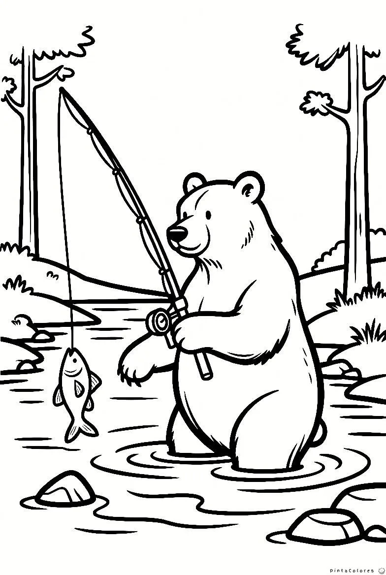 Oso pescando en el río dibujo para colorear