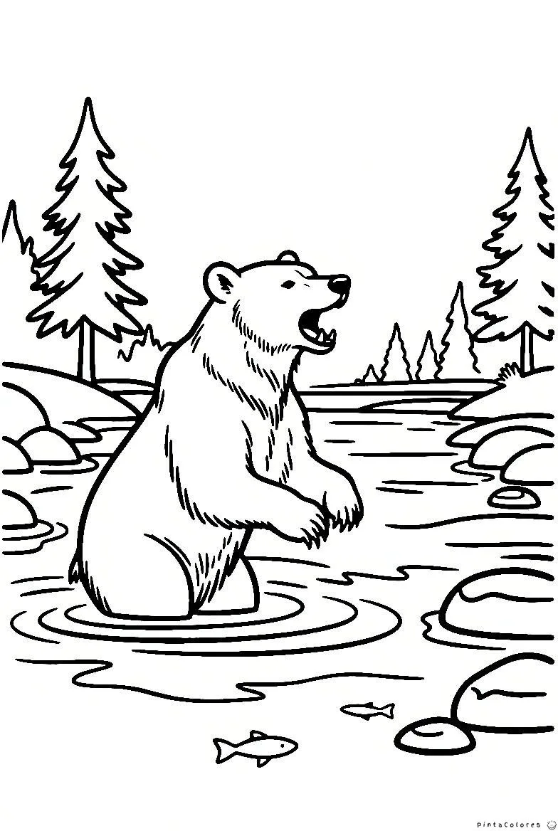 Oso caminando por el río dibujo para colorear