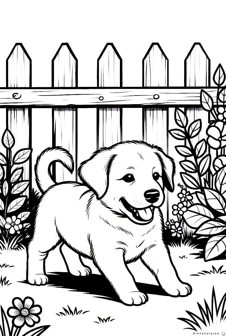 Perro jugando en el jardín dibujo para colorear