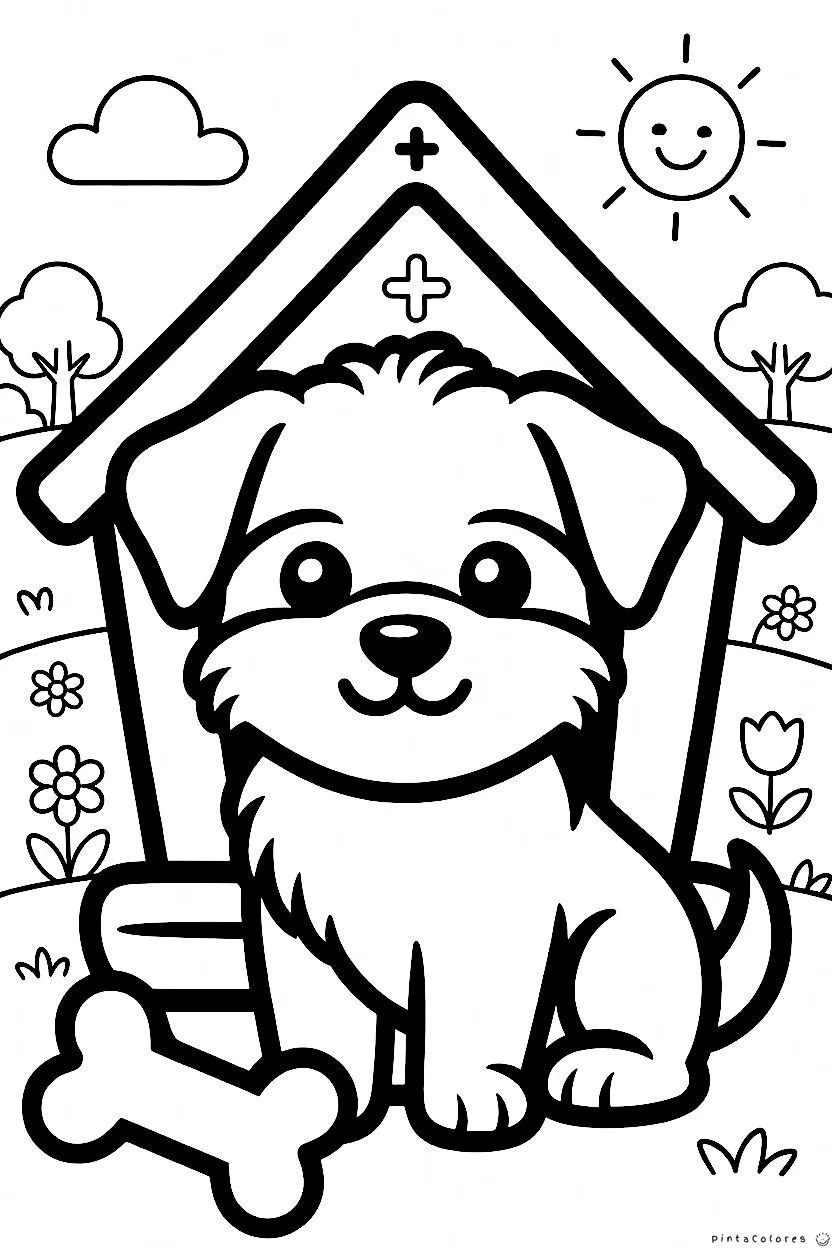 Perro delante de su casa dibujo para colorear