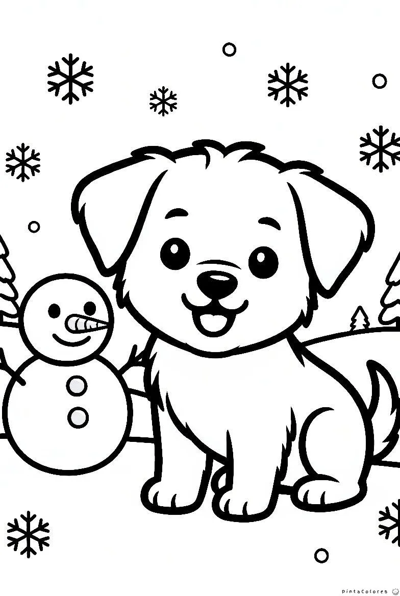 Perro jugando en nieve dibujo para colorear