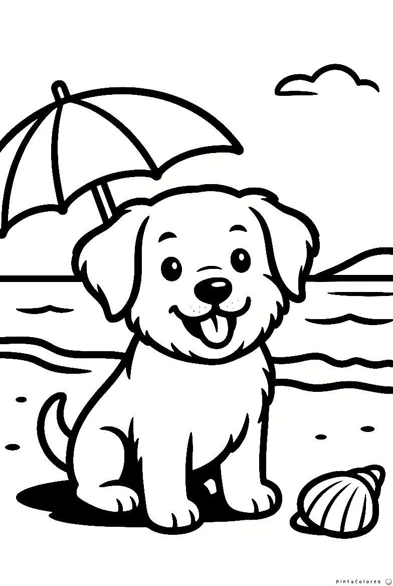 Perro en la arena dibujo para colorear