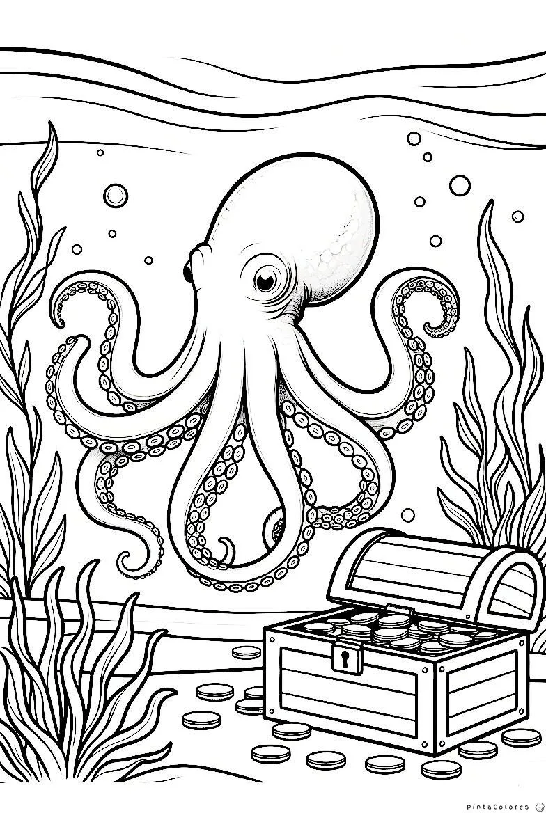 Pulpo junto a cofre dibujo para colorear