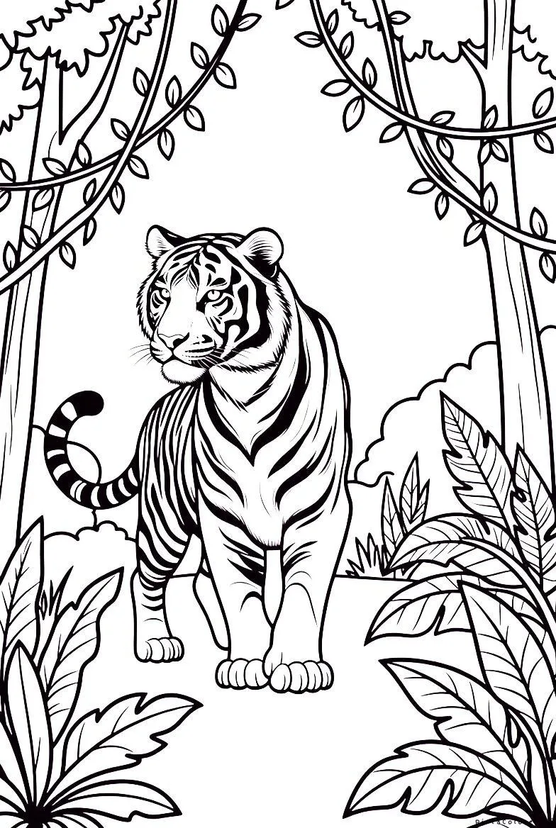Tigre caminando en la selva dibujo para colorear