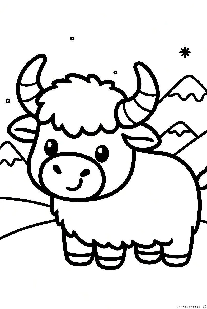 Toro en paisaje montañoso dibujo para colorear