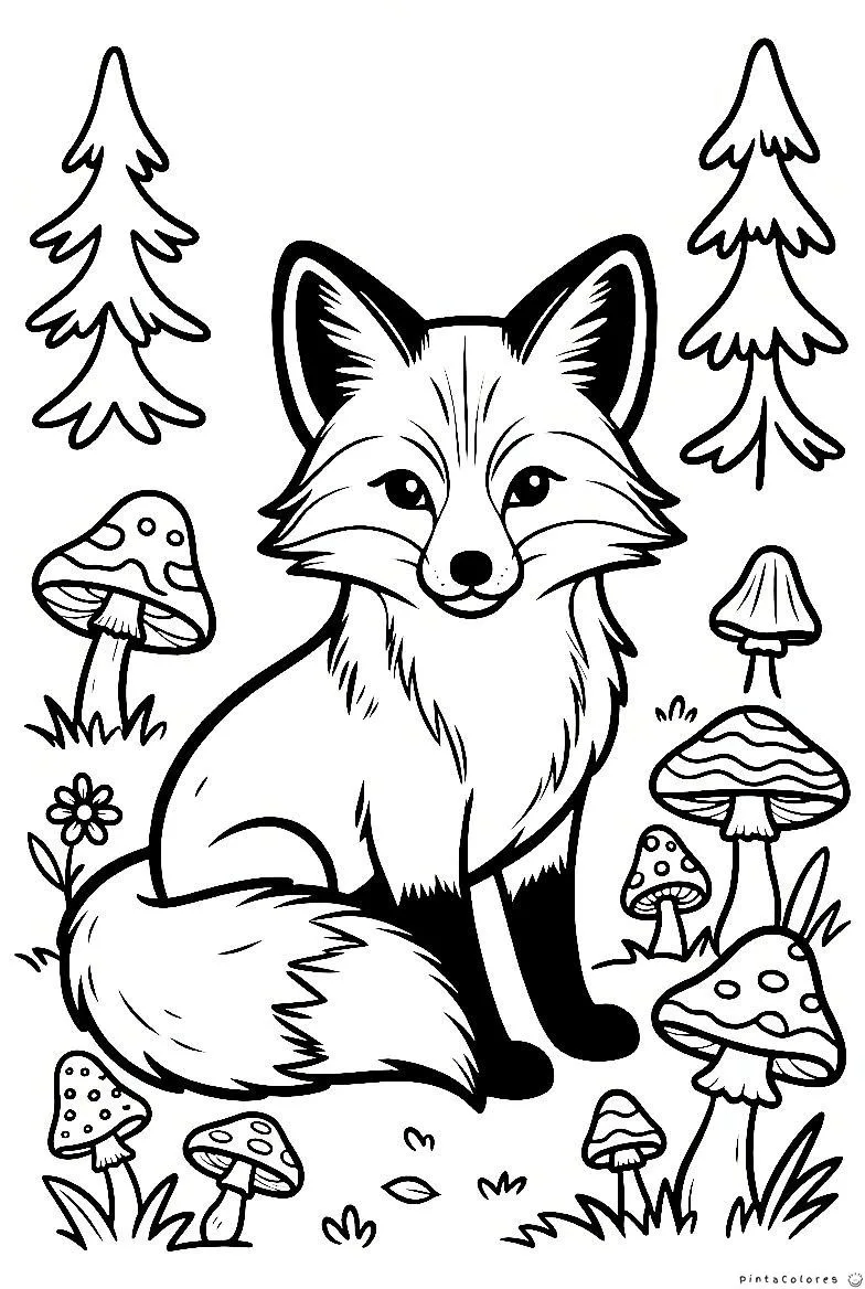 Zorro junto a hongos dibujo para colorear