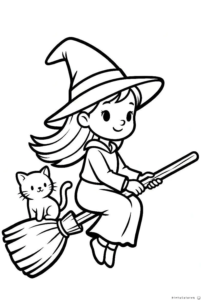 Brujita volando en escoba con gato dibujo para colorear