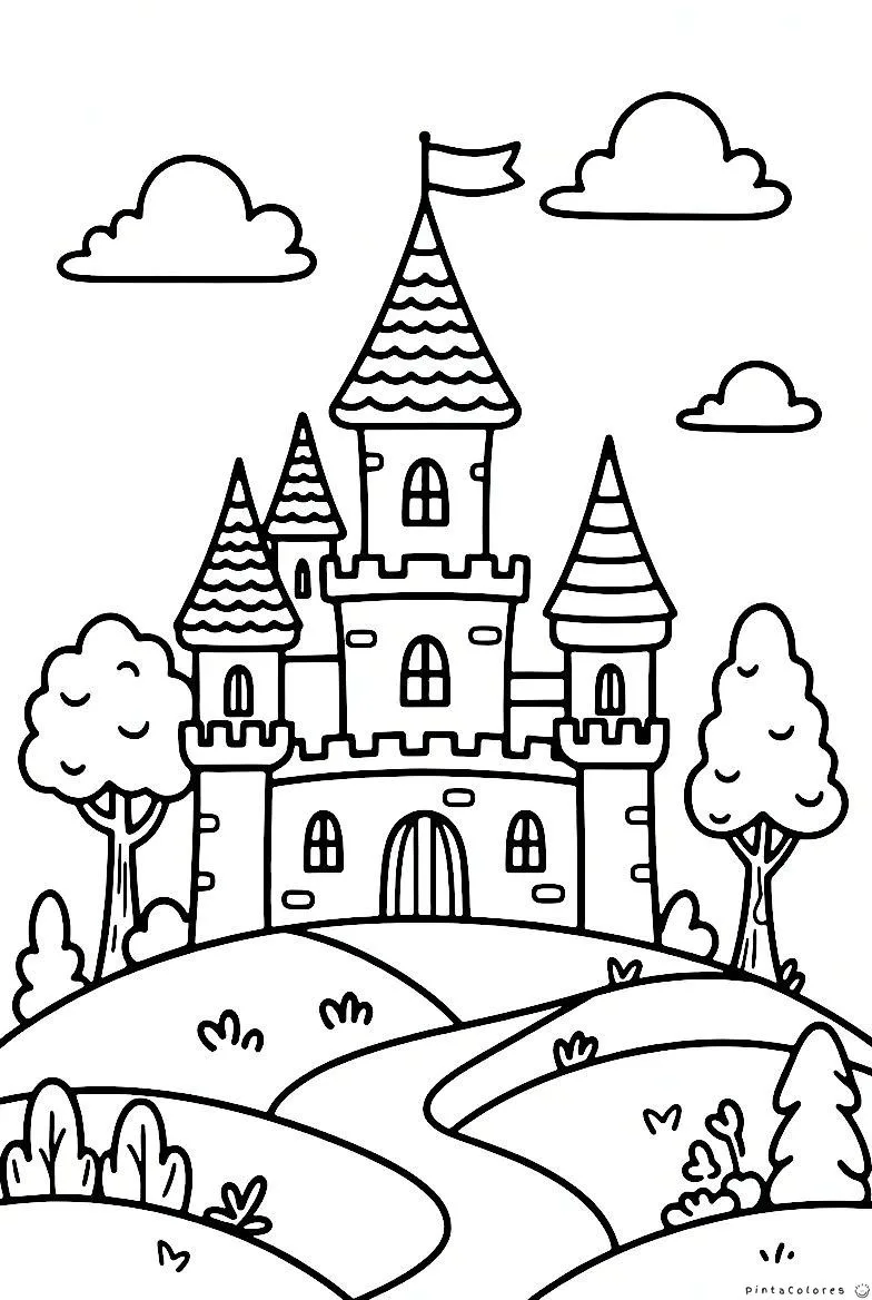Dibujo de un castillo en lo alto de una colina con camino para colorear.