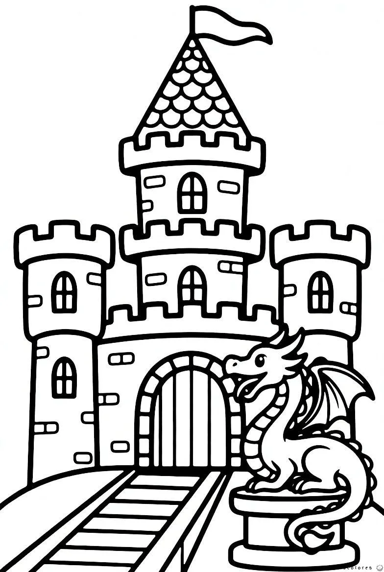 Dragón vigilando un castillo medieval para colorear.