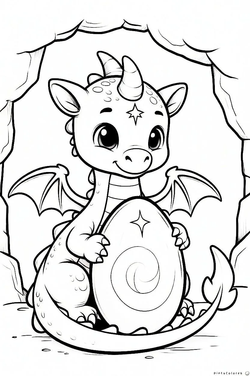Dragón pequeño junto a un huevo mágico para colorear.