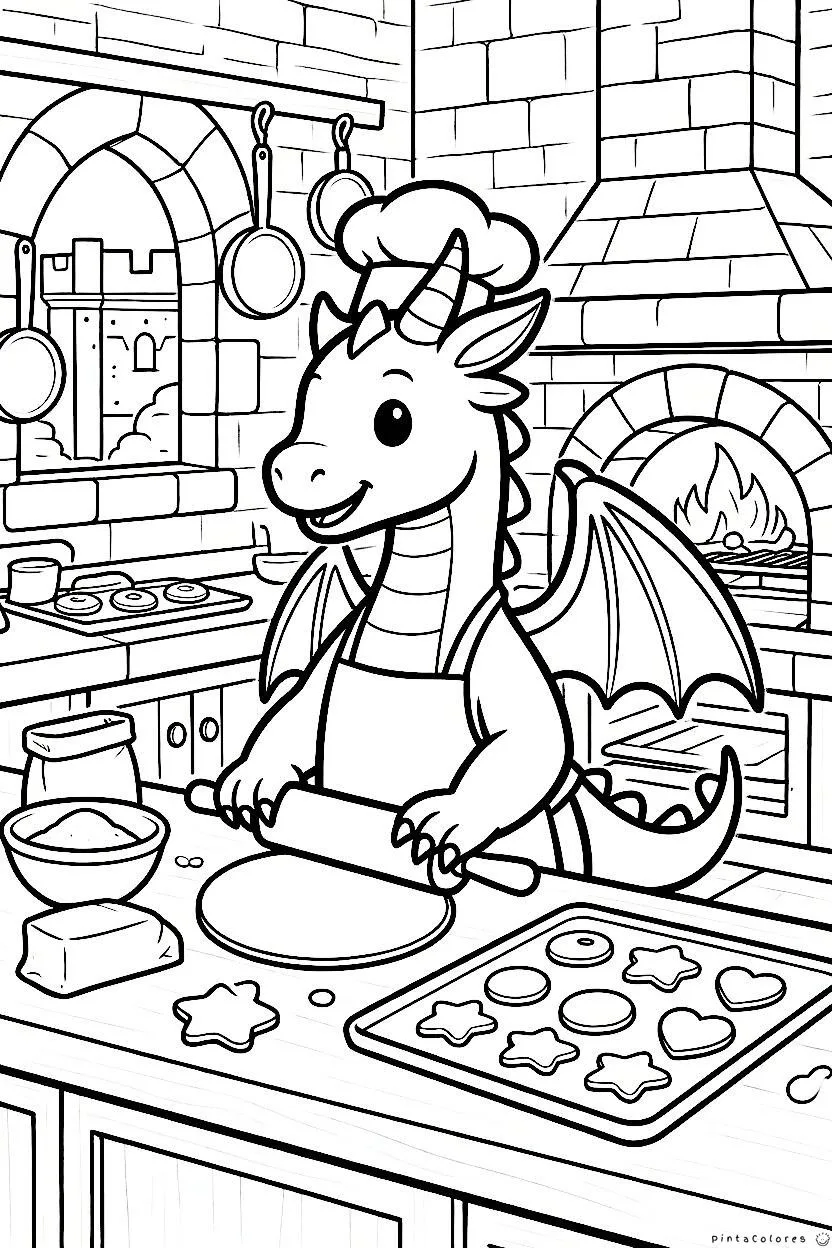 Dragón cocinando en una cocina mágica para colorear.