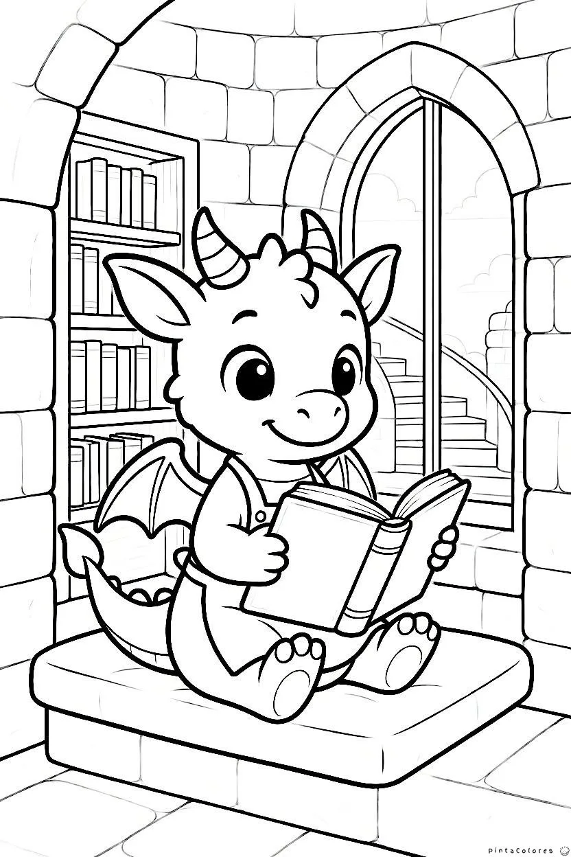 Dragón leyendo un libro en una biblioteca para colorear.