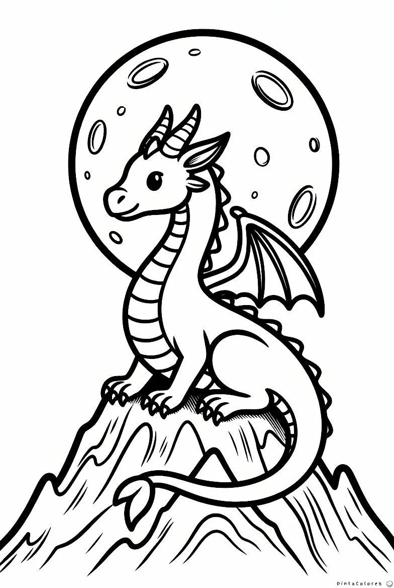 Dragón en la cima de una montaña bajo la luna llena para colorear.