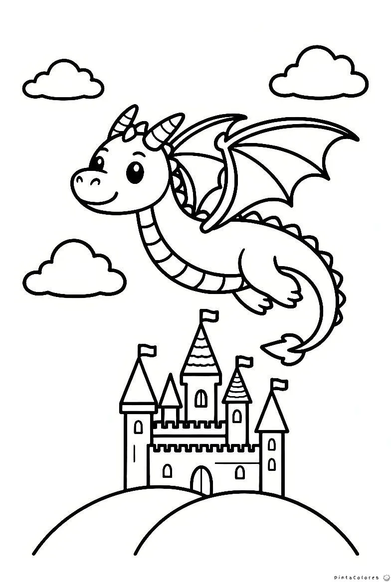 Dragón volando sobre un castillo para colorear.