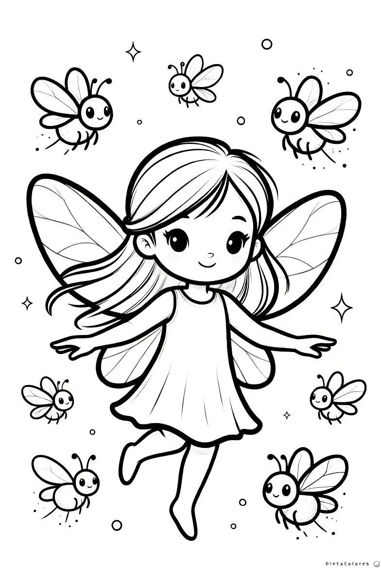 Hada rodeada de abejas voladoras para colorear.