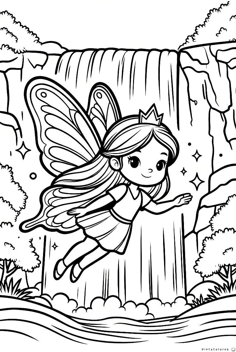 Hada princesa junto a una cascada mágica para colorear.