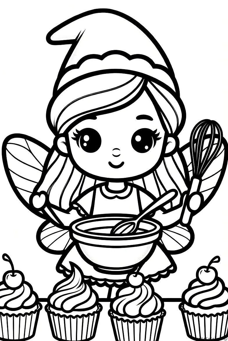 Hada cocinando panquecitos en cocina mágica para colorear.