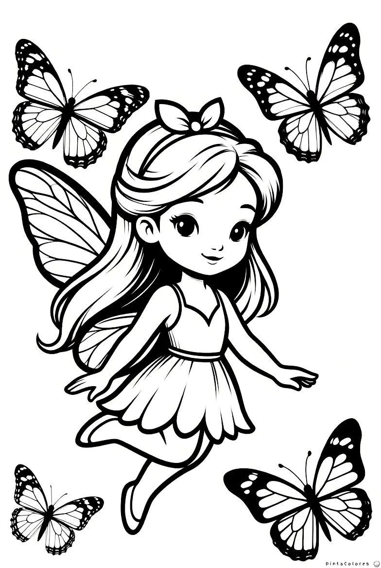 Hada con mariposas volando alrededor para colorear.