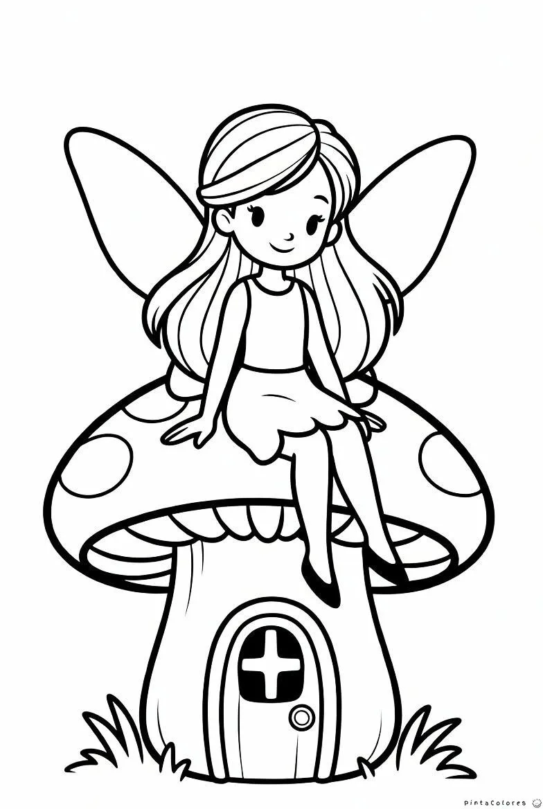 Hada sentada frente a una casa con forma de hongo para colorear.