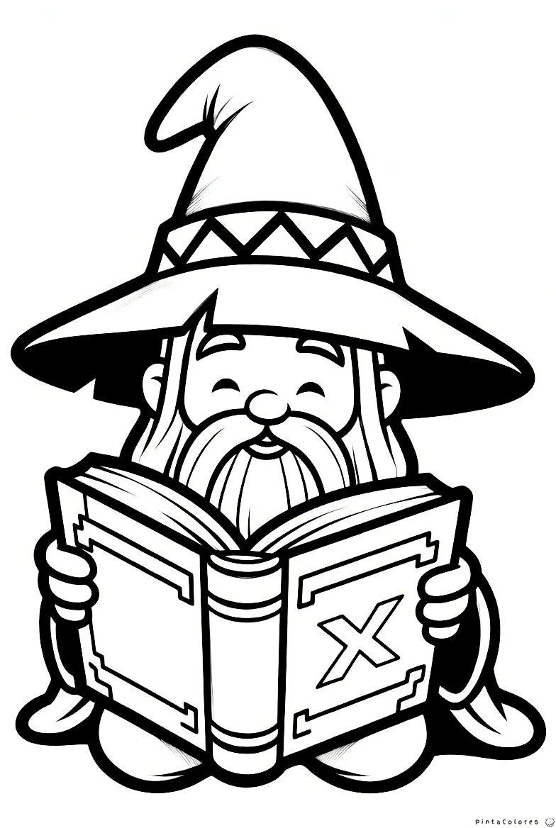 Mago leyendo un libro mágico para colorear.