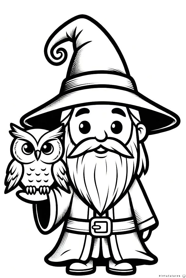 Mago acompañado por un búho mensajero para colorear.