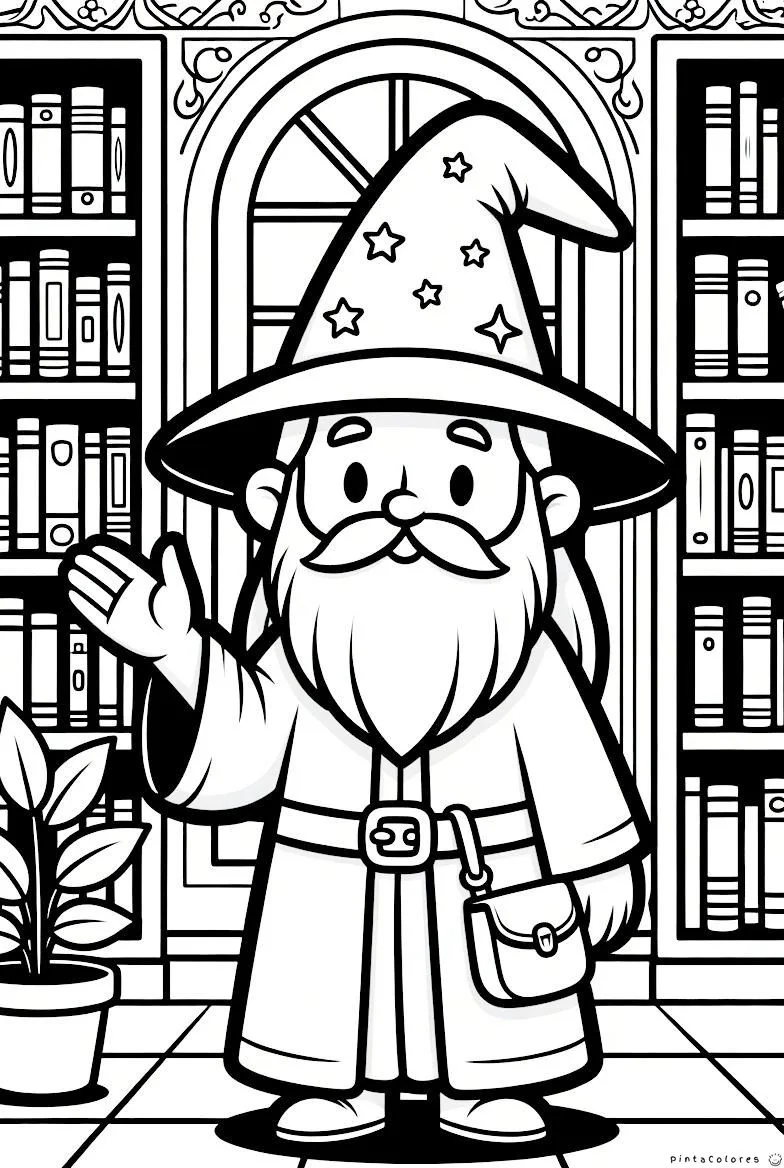 Mago sabio leyendo libros en una biblioteca mágica para colorear.