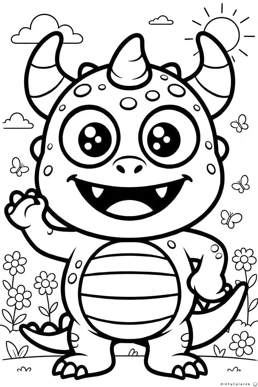 Monstruo amigable rodeado de flores y mariposas para colorear.