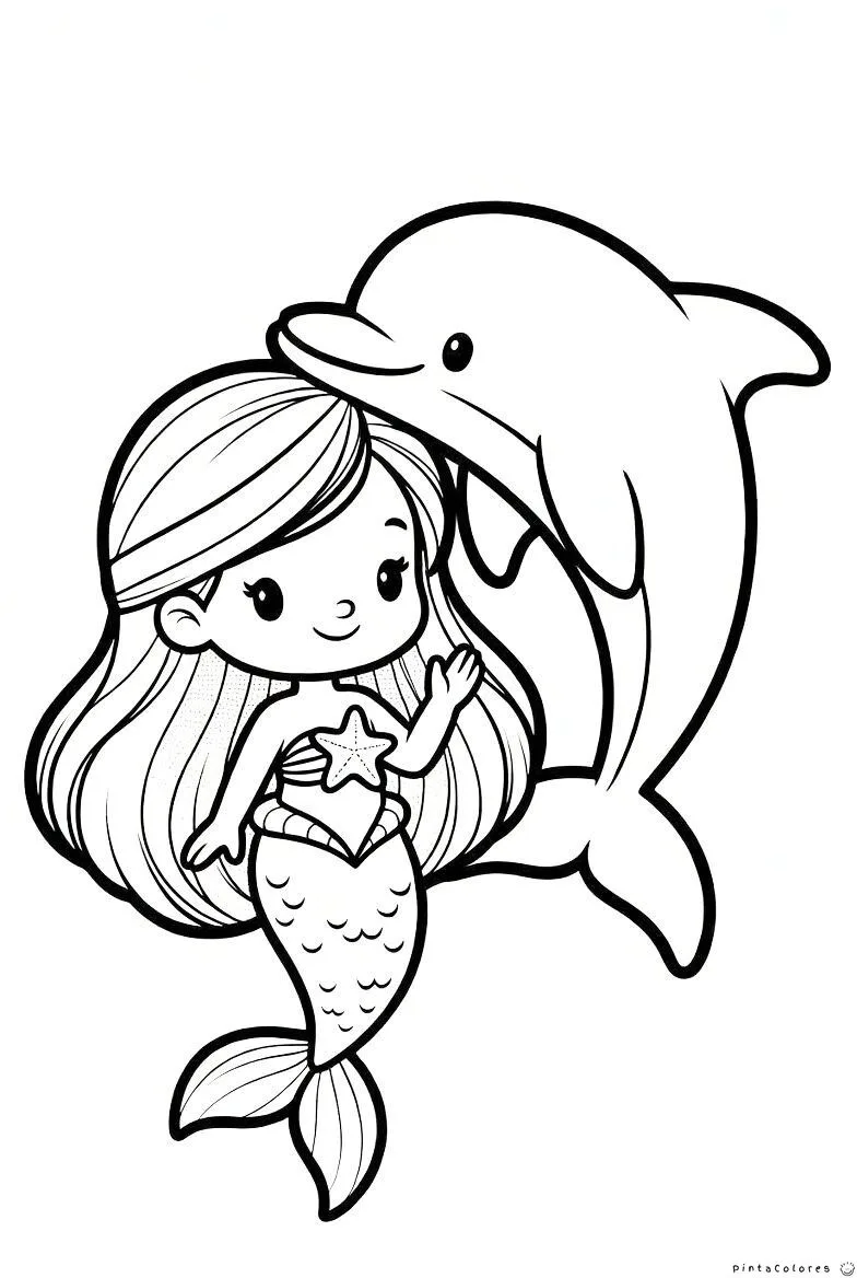 Sirena nadando junto a un delfín en el océano para colorear.