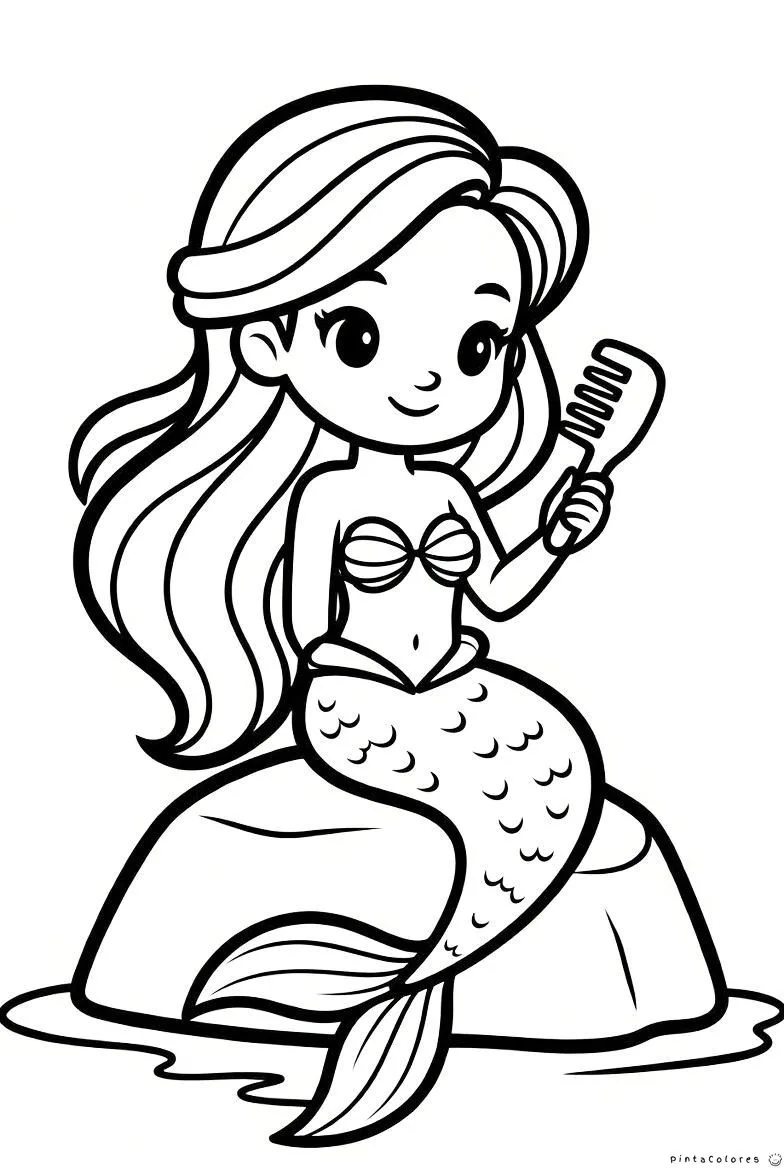 Sirena peinándose frente a un espejo bajo el mar para colorear.