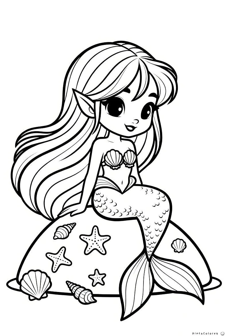 Sirena sentada en una roca rodeada de estrellas de mar para colorear.