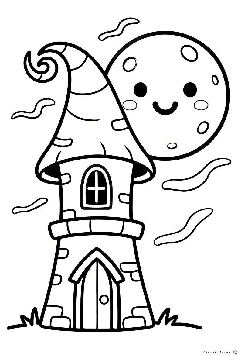 Torre encantada iluminada por una luna sonriente para colorear.