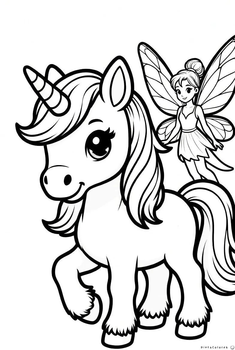 Unicornio acompañado por un hada en una escena mágica para colorear.