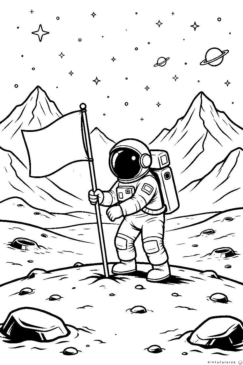 Astronauta colocando una bandera sobre la superficie de la Luna para colorear.