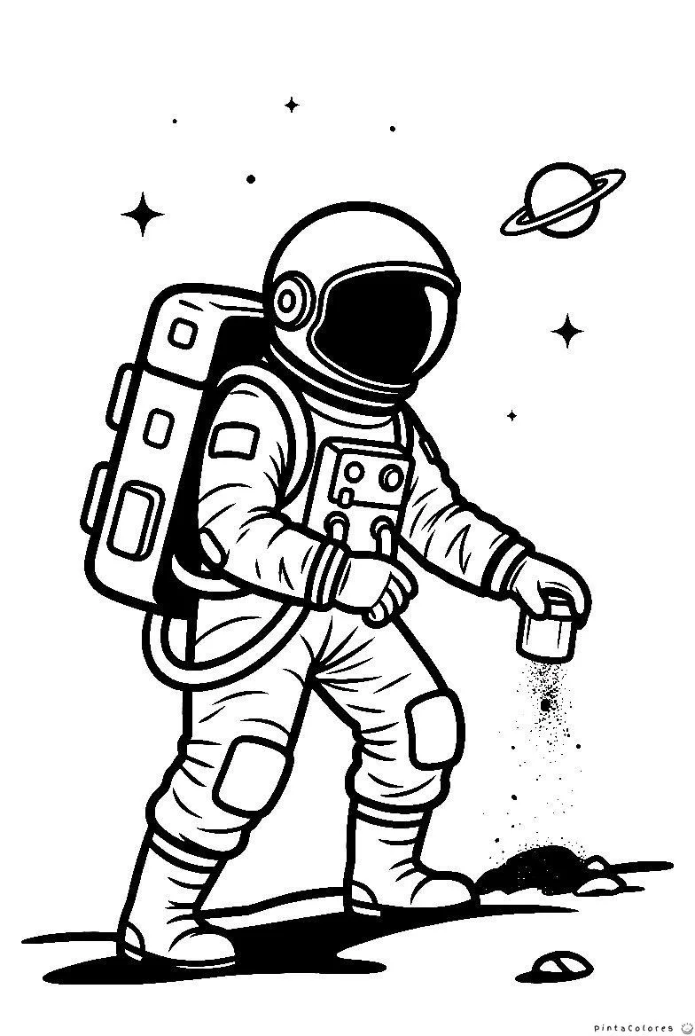 Astronauta caminando sobre el suelo lunar con estrellas alrededor.