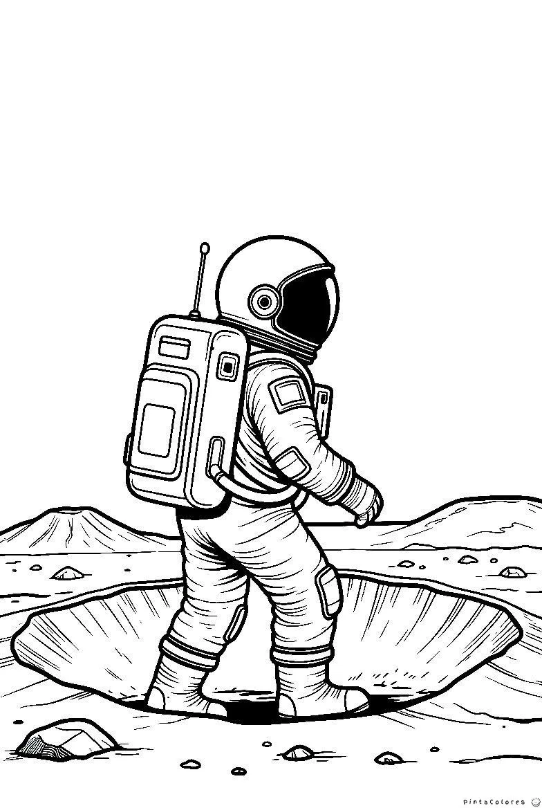 Astronauta observando un cráter en la Luna para colorear.