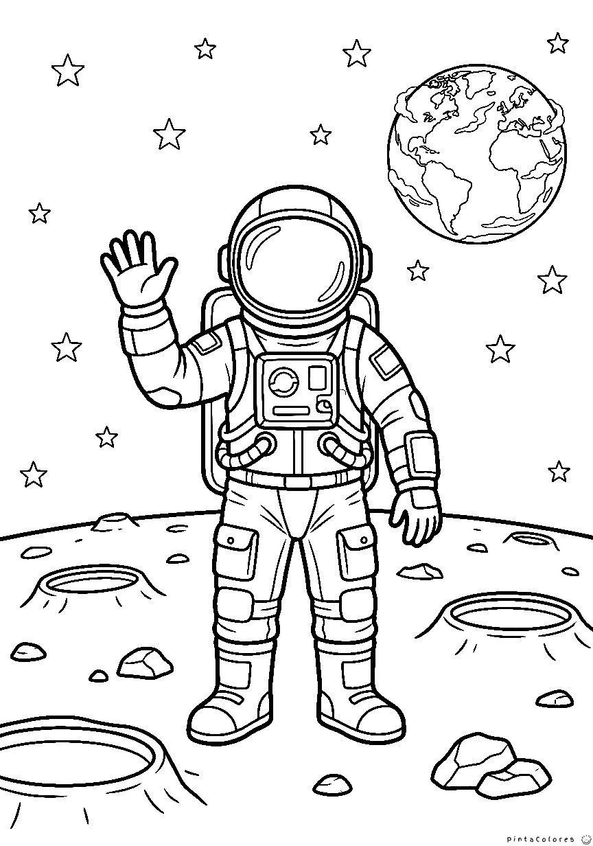 Astronauta flotando y saludando entre estrellas para colorear.