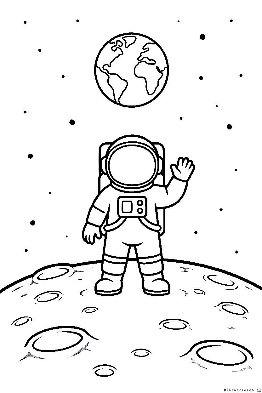 Astronauta saludando sobre la superficie lunar para colorear.
