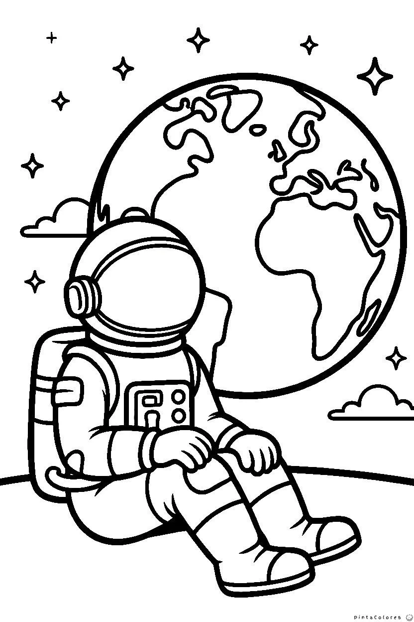 Astronauta sentado sobre una roca lunar para colorear.