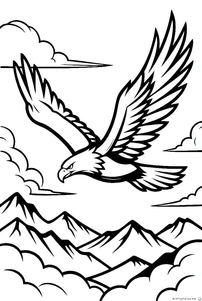 Ilustración en blanco y negro de un águila calva volando con las alas extendidas sobre montañas y nubes, estilo dibujo para colorear.
