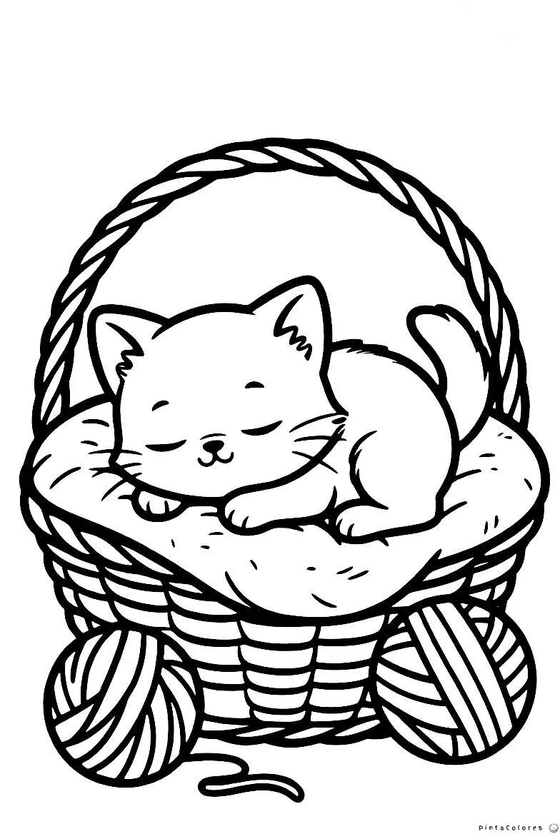 Gato descansando dentro de una cesta de mimbre dibujo para colorear imprimible