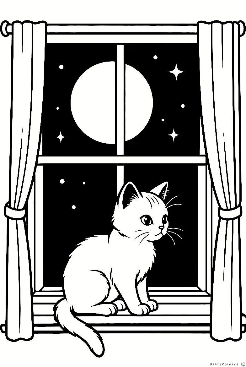 Gato mirando la luna desde la ventana dibujo para colorear